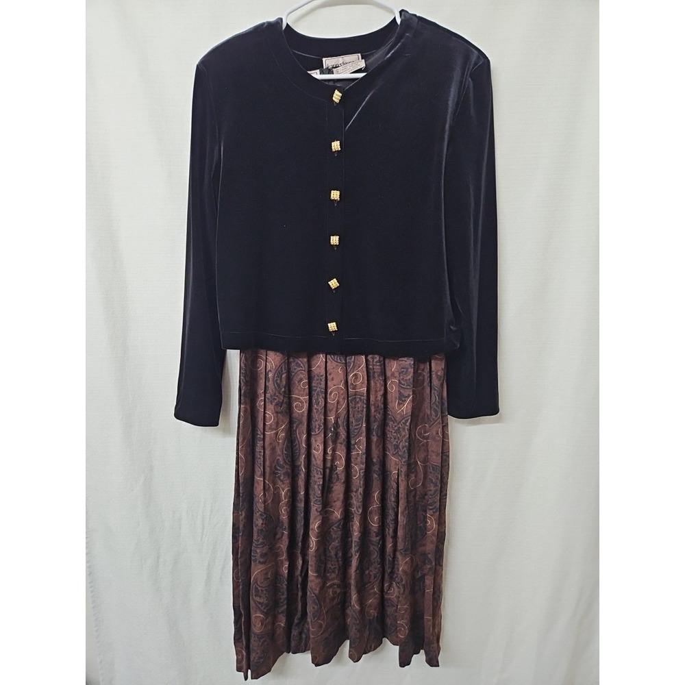 Vtg Womens Karin Stevens 2 Piece Set Dress Sz 14 Velvet 90s Y2k Modest Old Money